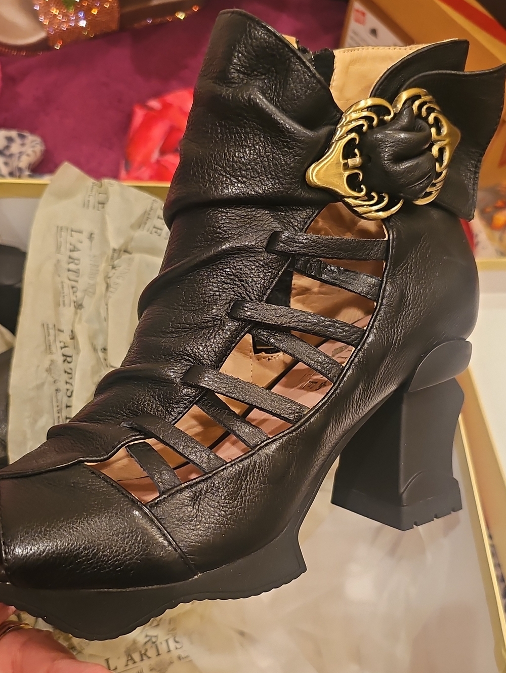 Spring Step Black Leather Women's Ankle Boots With Peep Toes